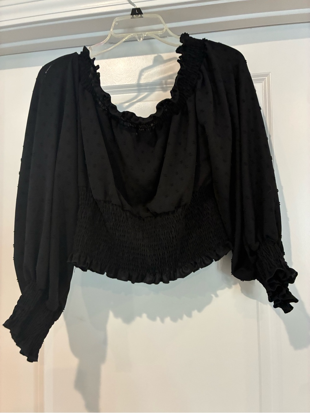 SHEIN Black Smocked Dot Peasant Top